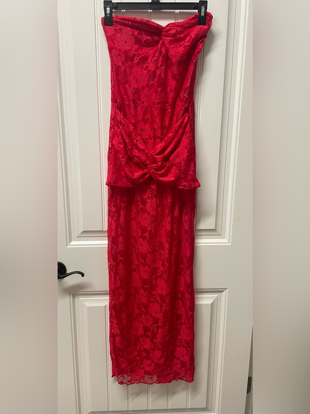 Boohoo Red Lace Strapless Maxi Dress